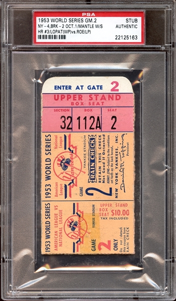 1953 World Series Game 2 Ticket Stub Mickey Mantle Home Run PSA AUTHENTIC