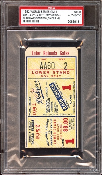 1952 World Series Game 1 Ticket Stub Jackie Robinson and Duke Snider Home Runs PSA AUTHENTIC