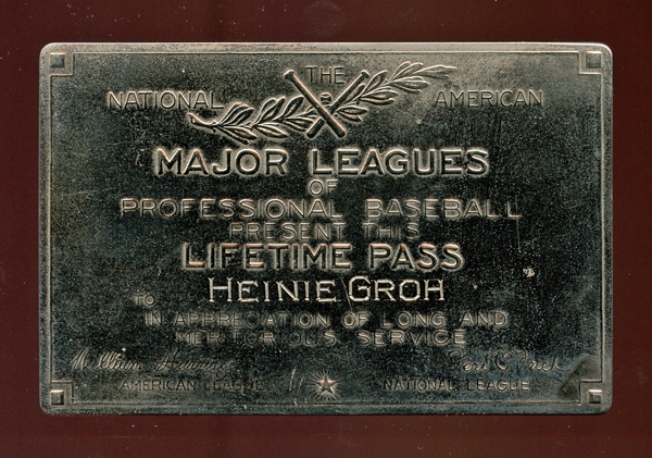 National and American Major Leagues of Professional Baseball Lifetime Pass Presented to Heinie Groh