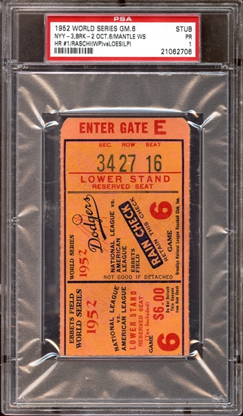 1952 World Series Game 6 Ticket Stub Mickey Mantle 1st World Series Home Run PSA 1 PR