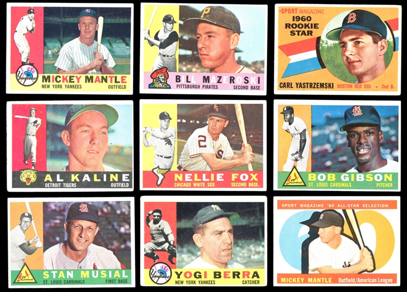 1960 Topps Baseball Partial Set (287/572) with Mantle and Yastrzemski RC Plus Extras 