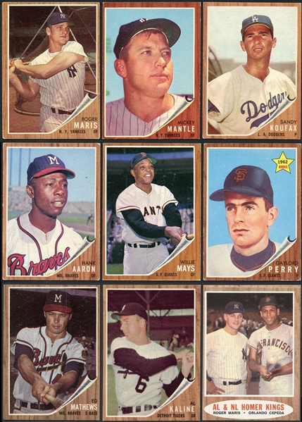 1962 Topps Baseball Partial Set with Mantle (444/598) Plus Extras