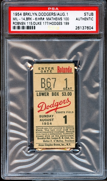 1954 Brooklyn Dodgers Ticket Stub Mathews/Robinson/Snider/Hodges Home Runs PSA AUTHENTIC