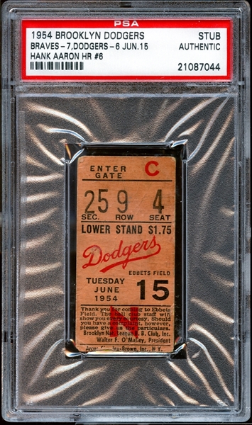 1954 Brooklyn Dodgers Ticket Stub Hank Aaron Career Home Run #6 PSA AUTHENTIC