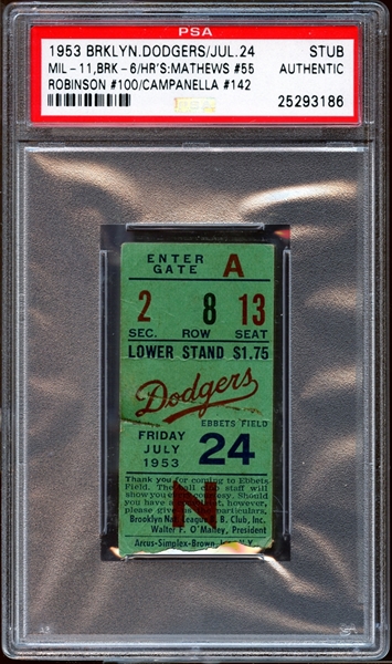 1953 Brooklyn Dodgers Ticket Stub Mathews/Robinson/Campanella Home Runs PSA AUTHENTIC