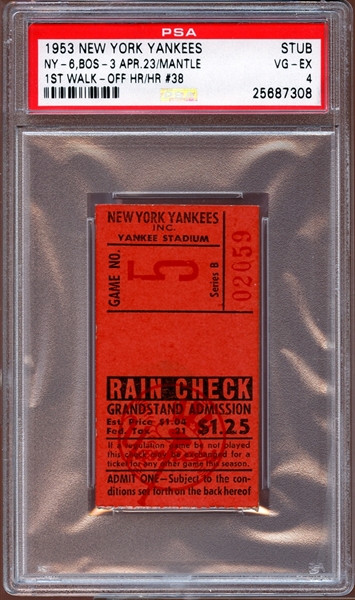1953 New York Yankees Ticket Stub Mickey Mantle 1st Walk-Off Home Run PSA 4 VG/EX