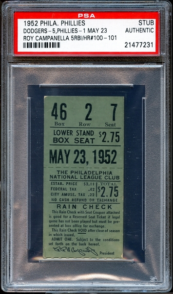1952 Philadelphia Phillies Ticket Stub Roy Campanella Home Run #100 PSA AUTHENTIC