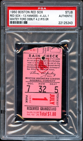 1950 Boston Red Sox Ticket Stub Whitey Ford MLB Debut PSA AUTHENTIC