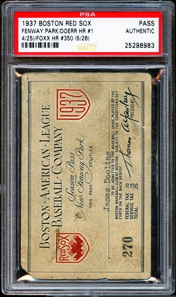 1937 Boston Red Sox Fenway Park Season Pass PSA AUTHENTIC