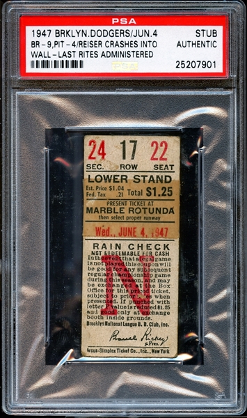 1947 Brooklyn Dodgers Ticket Stub Reiser Crashes Into Wall-Last Rites Administered PSA AUTHENTIC