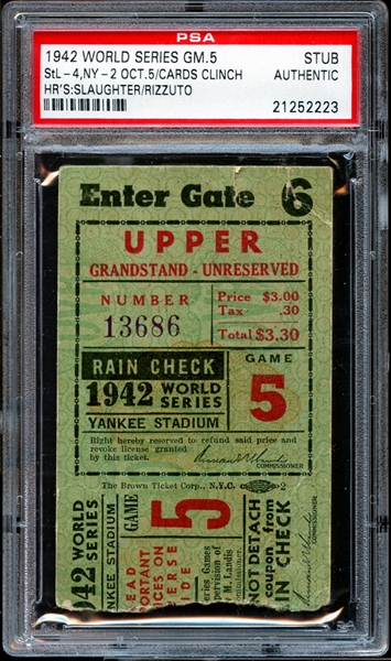1942 World Series Game 5 Ticket Stub Enos Slaughter and Phil Rizzuto Home Runs PSA AUTHENTIC