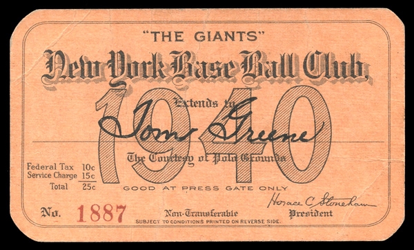 1940 New York Giants Polo Grounds Season Pass