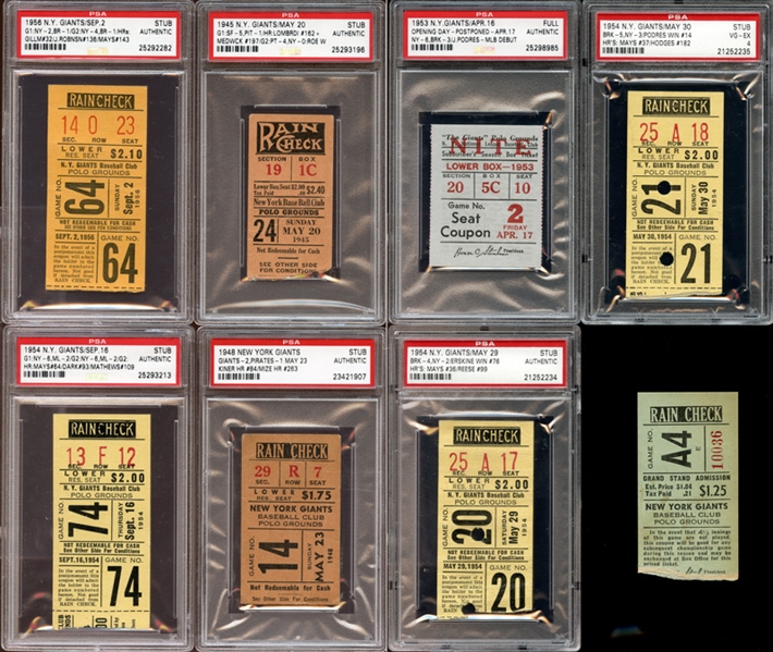 1940s-50s New York Giants Prominent Ticket Stub Collection of (8) Nearly All PSA