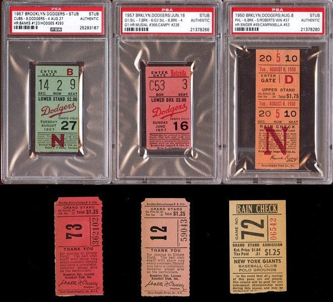 1950s Brooklyn Dodgers Prominent Ticket Stub Collection of (6) With PSA