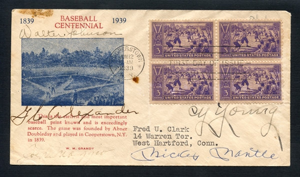 Extraordinary 1939 First Day Cover Signed by W. Johnson, G.C. Alexander, Cy Young, Ty Cobb, M. Mantle and Hank Aaron PSA/DNA