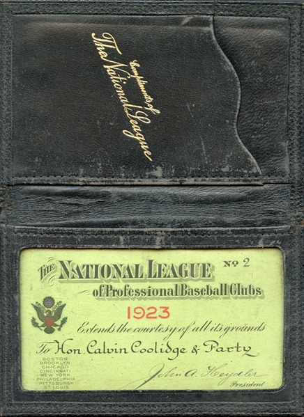1923 National League Annual Pass With Original Wallet to Vice President Calvin Coolidge