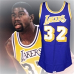Amazing Rookie Era 1980-85 Magic Johnson Los Angeles Lakers Game-Used and Autographed Road Jersey MEARS A10