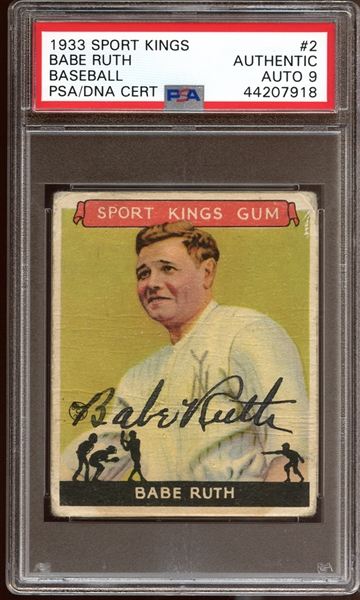 Fantastic 1933 Sport Kings Gum #2 Babe Ruth Autographed PSA/DNA Auto MINT 9 and JSA ... The Only Known Example