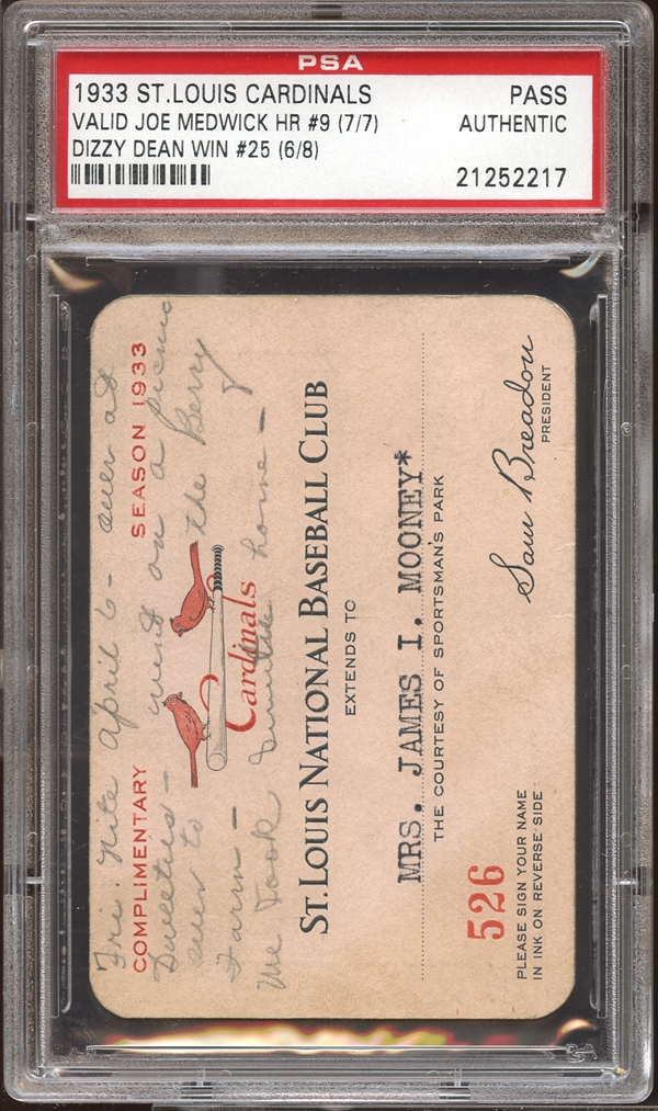 Lot Detail - 1933 St. Louis Cardinals Sportsman&#39;s Park Season Pass PSA AUTHENTIC