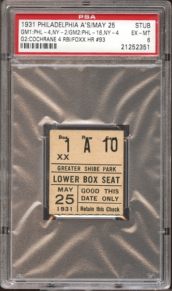 1931 Philadelphia As Ticket Stub Jimmie Foxx Home Run #93 PSA AUTHENTIC