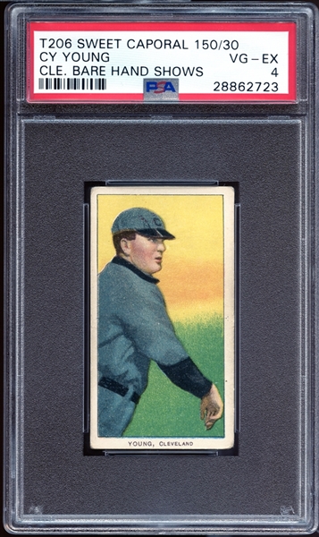 1909-11 T206 Sweet Caporal 150/30 Cy Young Cle. Bare Hand Shows PSA 4 VG/EX