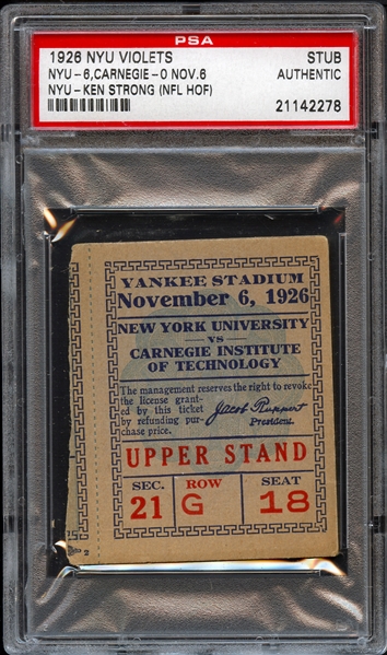 1926 NYU vs Carnegie Football Stub PSA Authentic