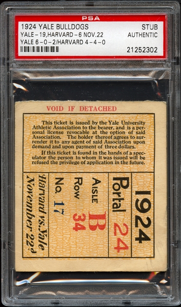 1924 Yale vs Harvard Stub PSA Authentic