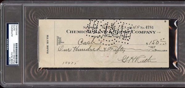 Babe Ruth Signed and Cancelled Bank Check PSA/DNA AUTHENTIC