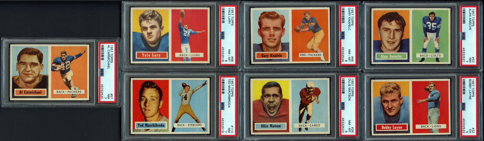 1957 Topps Football Seven (7) Card PSA Graded Group with Hall of Famers