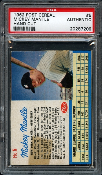 1962 Post Cereal #5 Mickey Mantle Hand Cut PSA AUTHENTIC