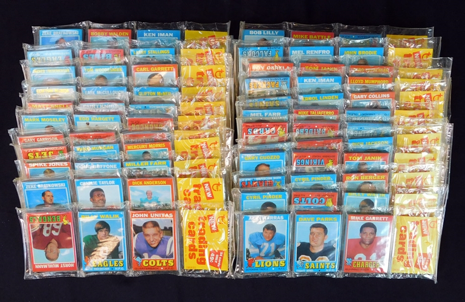 Exceptional Lot Of 24 (Equivalent To Unopened Rack Pack Box) Unopened 1971 Topps Football Rack Packs With Numerous Stars On Top/Bottom- Six (6) Of The Packs Are High Numbered Rack Packs