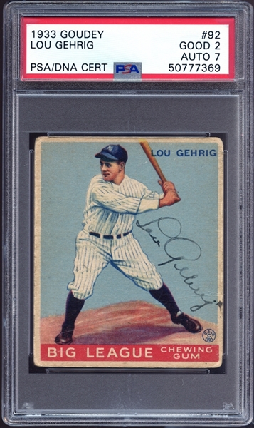 1933 Goudey #92 Lou Gehrig Autographed PSA 2 GD PSA/DNA Auto 7