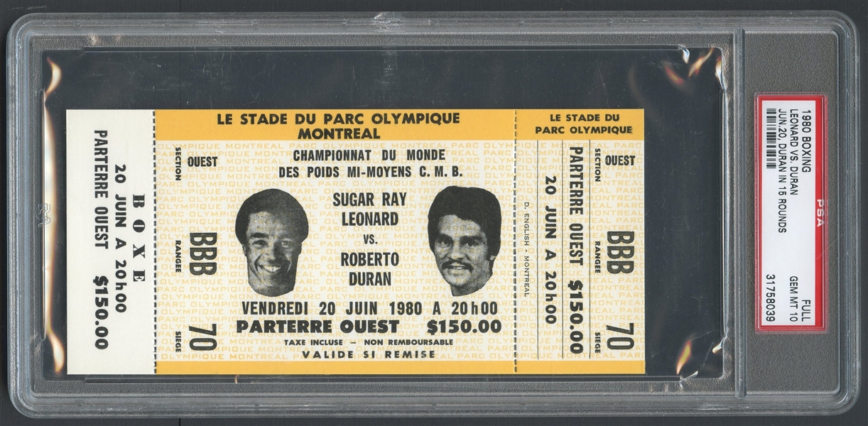 1980 Sugar Ray Leonard Roberto Duran Full Ticket PSA 10 GEM MT