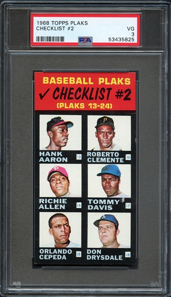 1968 Topps Plaks Checklist #2 ( Aaron, Clemente, Mays, Rose) PSA 3 VG