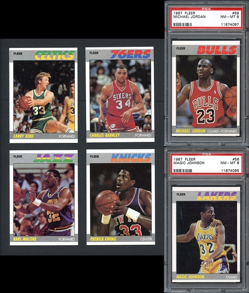 1987 Fleer Basketball Set With PSA Graded Jordan & Johnson Plus Complete Sticker Set