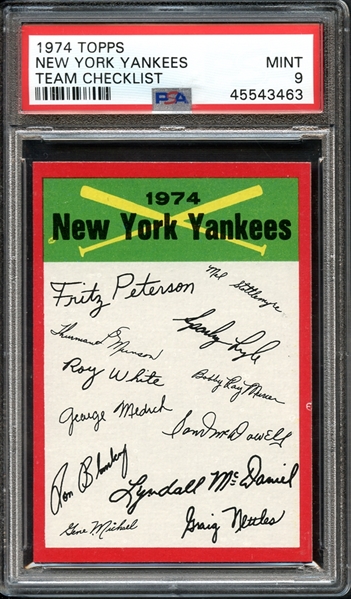 1974 Topps New York Yankees Team Checklist PSA 9 MINT 