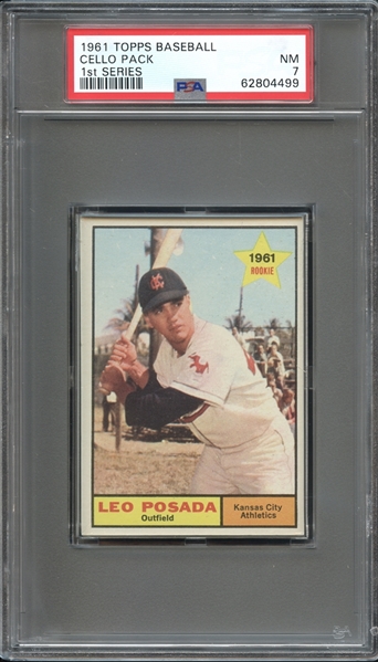 1961 Topps Baseball Cello Pack 1st Series Leo Posada Top PSA 7 NM