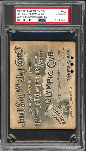 1892 John L. Sullivan / James J. Corbett Heavyweight Championship Full Ticket PSA Authentic