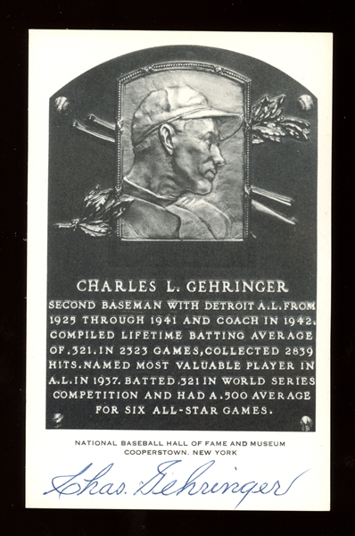 Charles Gehringer Signed B&W Hall of Fame Plaque 