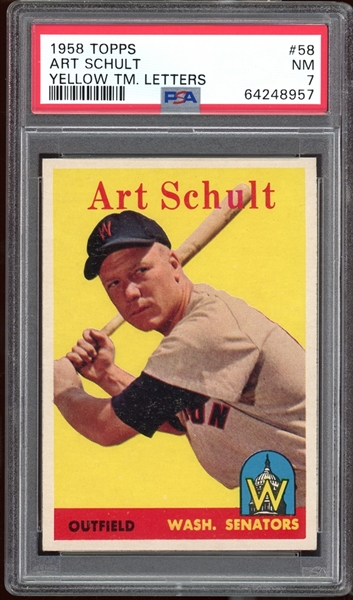 1958 Topps #58 Art Schult Yellow Letters PSA 7 NM
