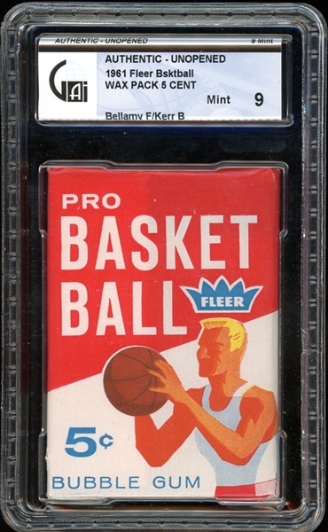 1961 Fleer Basketball 5 Cent Wax Pack Bellamy Front/Kerr Back GAI 9 MINT