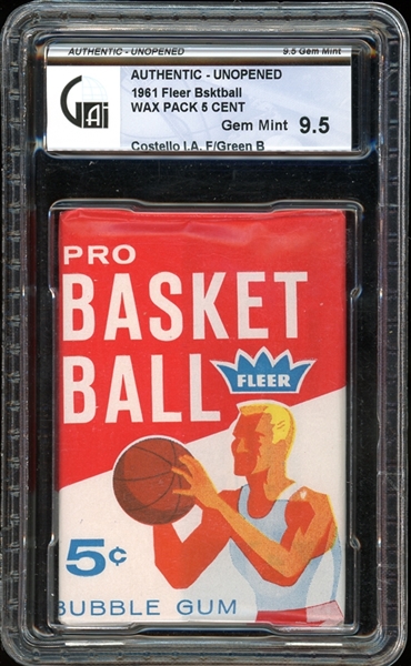 1961 Fleer Basketball 5 Cent Wax Pack Costello In Action Front/Green Back GAI 9.5 GEM MINT