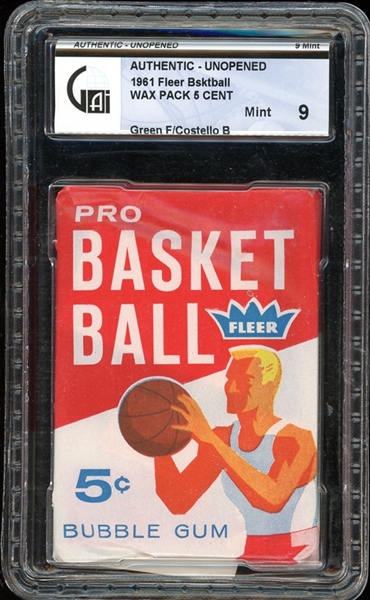 1961 Fleer Basketball 5 Cent Wax Pack Green Front/Costello Back GAI 9 MINT