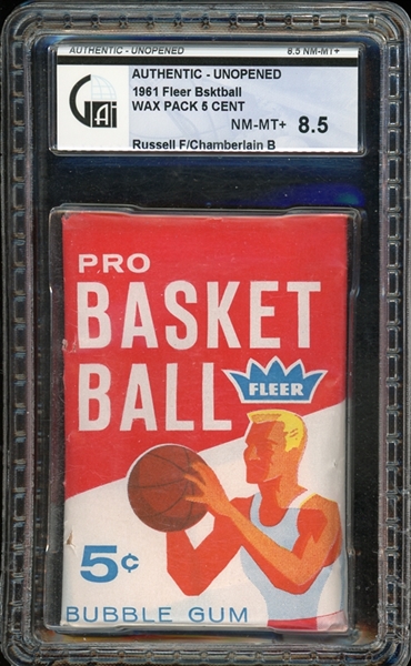 1961 Fleer Basketball 5 Cent Wax Pack Russell Front/Chamberlain Back GAI 8.5 NM-MT+
