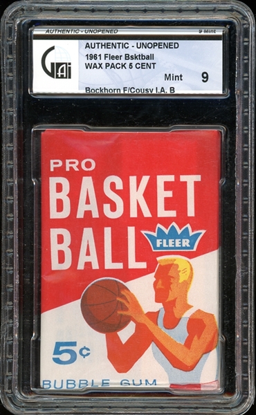 1961 Fleer Basketball 5 Cent Wax Pack Bockhorn Front/Cousy In Action Back GAI 9 MINT