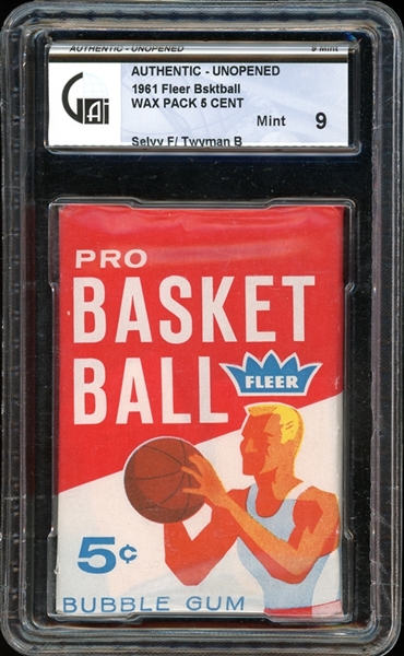 1961 Fleer Basketball 5 Cent Wax Pack Selvy Front/Twyman Back GAI 9 MINT