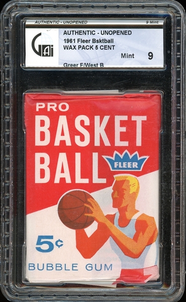 1961 Fleer Basketball 5 Cent Wax Pack Greer Front/West Back GAI 9 MINT