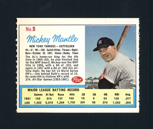 1962 Post Cereal #5 Mickey Mantle With Life Magazine Ad On Reverse