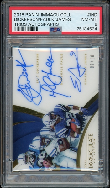 2018 Panini Immaculate Collection Trios Autographs #TA-IND Dickerson/Faulk/James 7/10 PSA 8 NM-MT