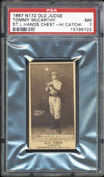 1887 N172 Old Judge Tommy McCarthy "Hands Chest-High Catching" PSA 7 NM